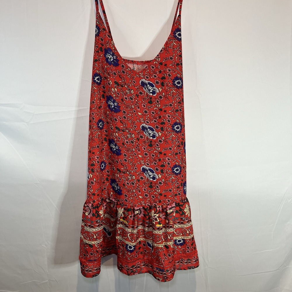 Boutique Red Blue Floral Spaghetti Strap Summer Dress Medium Eyelet Trim
